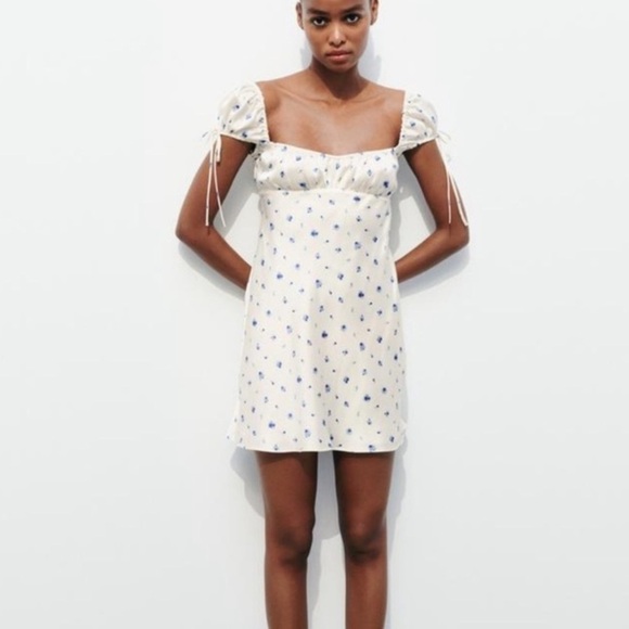 ZARA Satin Cream Blue Floral Mini Dress Short Tied Sleeves Size Small Women’s - Picture 1 of 10